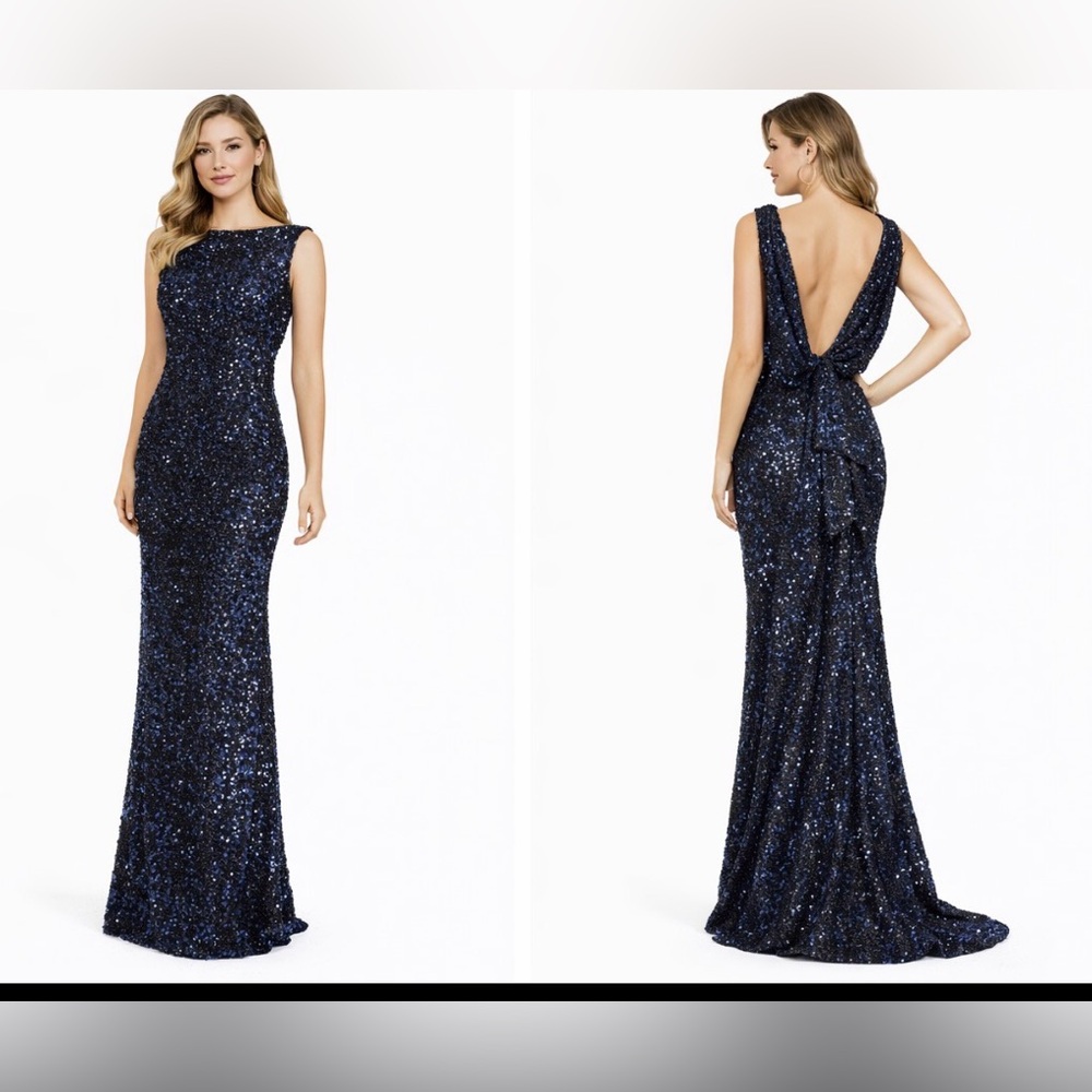 Mac Duggal Long Formal Sequin Drape Back Gown Dress 10 Midnight Blue NWT